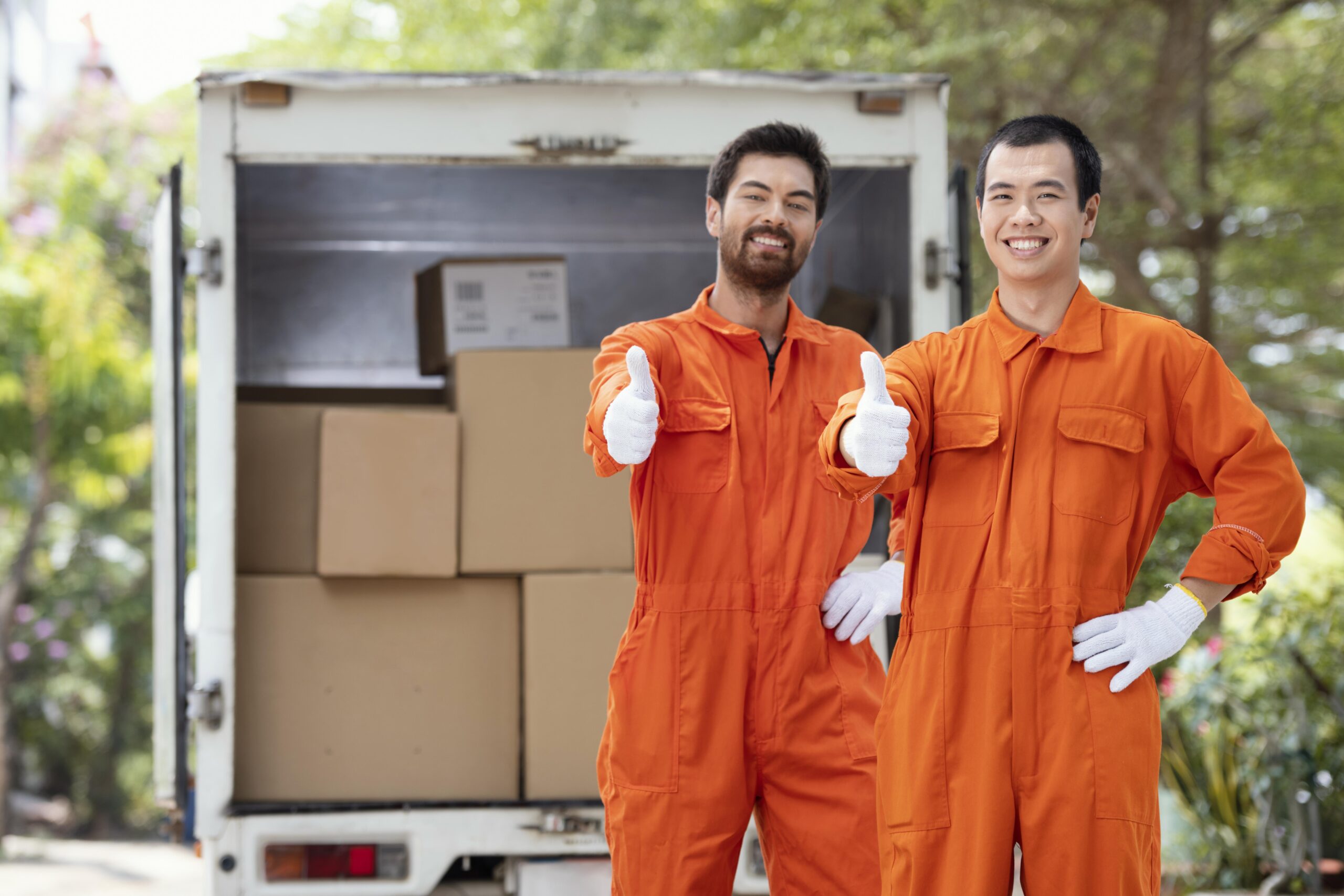young-delivery-men-showing-ok-sign-near-delivery-car Retail showroom moving Dubai Showroom relocation services UAE Retail store movers Dubai Professional showroom movers Dubai Best retail moving company in Dubai